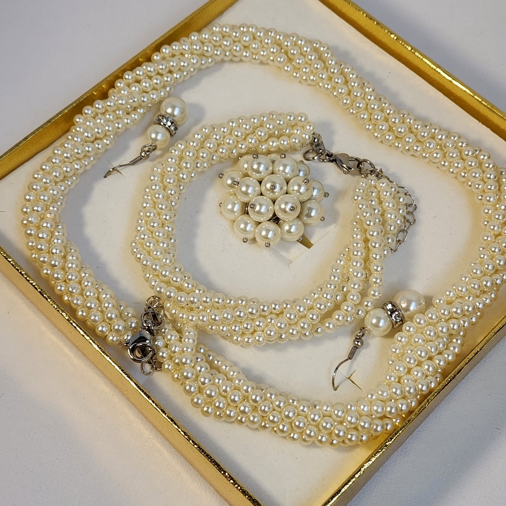 Wedding Season! NIB Old Stock Multi Strand Pearl Set Adjustable Ring